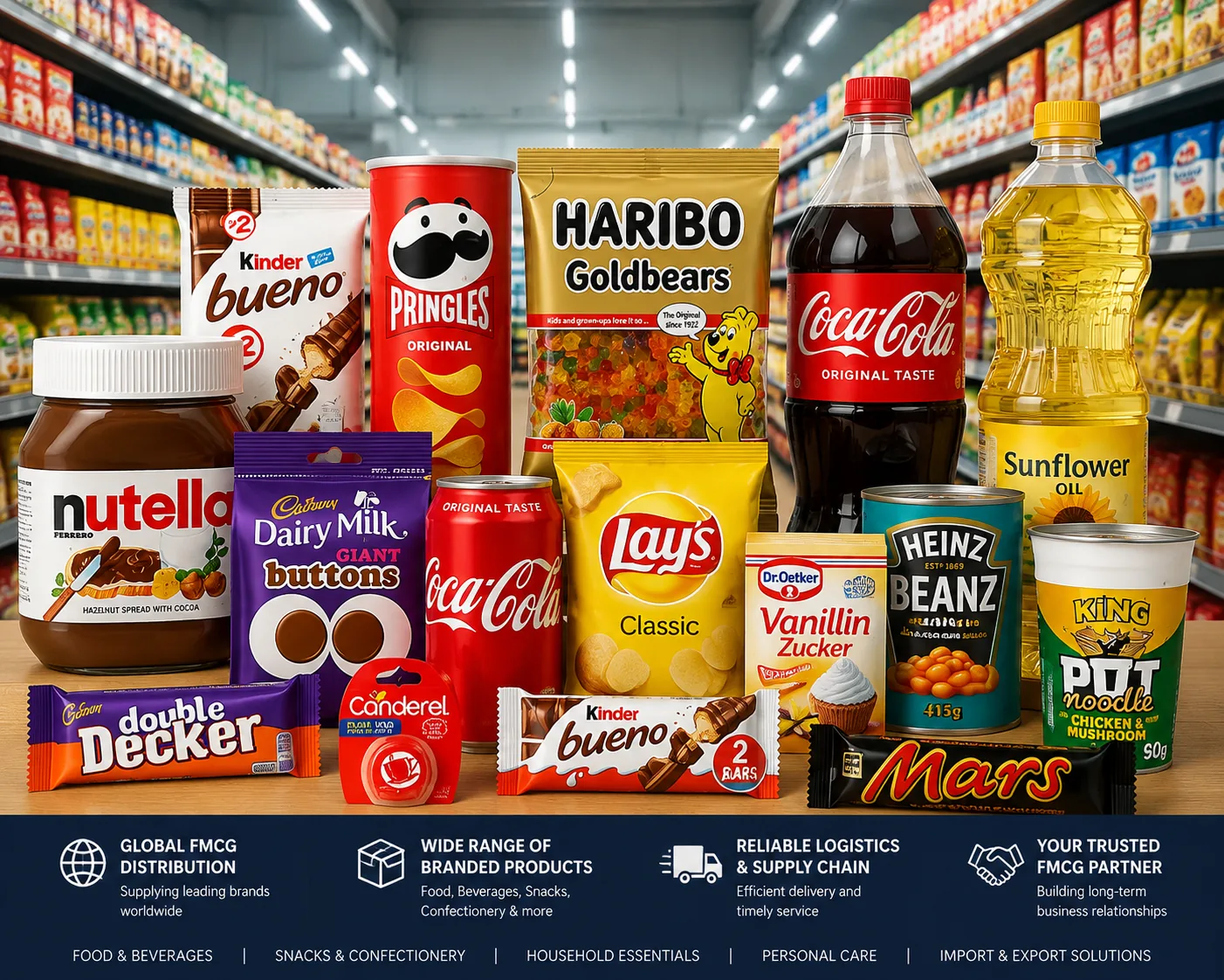 Premium FMCG Wholesale Products Including Nutella, Kinder, Coca-Cola and Lay’s Selection of FMCG wholesale products including Nutella, Kinder Bueno, Pringles, Haribo, Coca-Cola, Lay’s, Dr. Oetker and sunflower oil supplied by an international FMCG distributor.