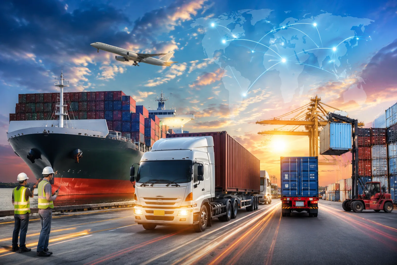 FMCG logistics solutions with trucks, shipping containers, cargo ship and supply chain transportation for efficient product distribution